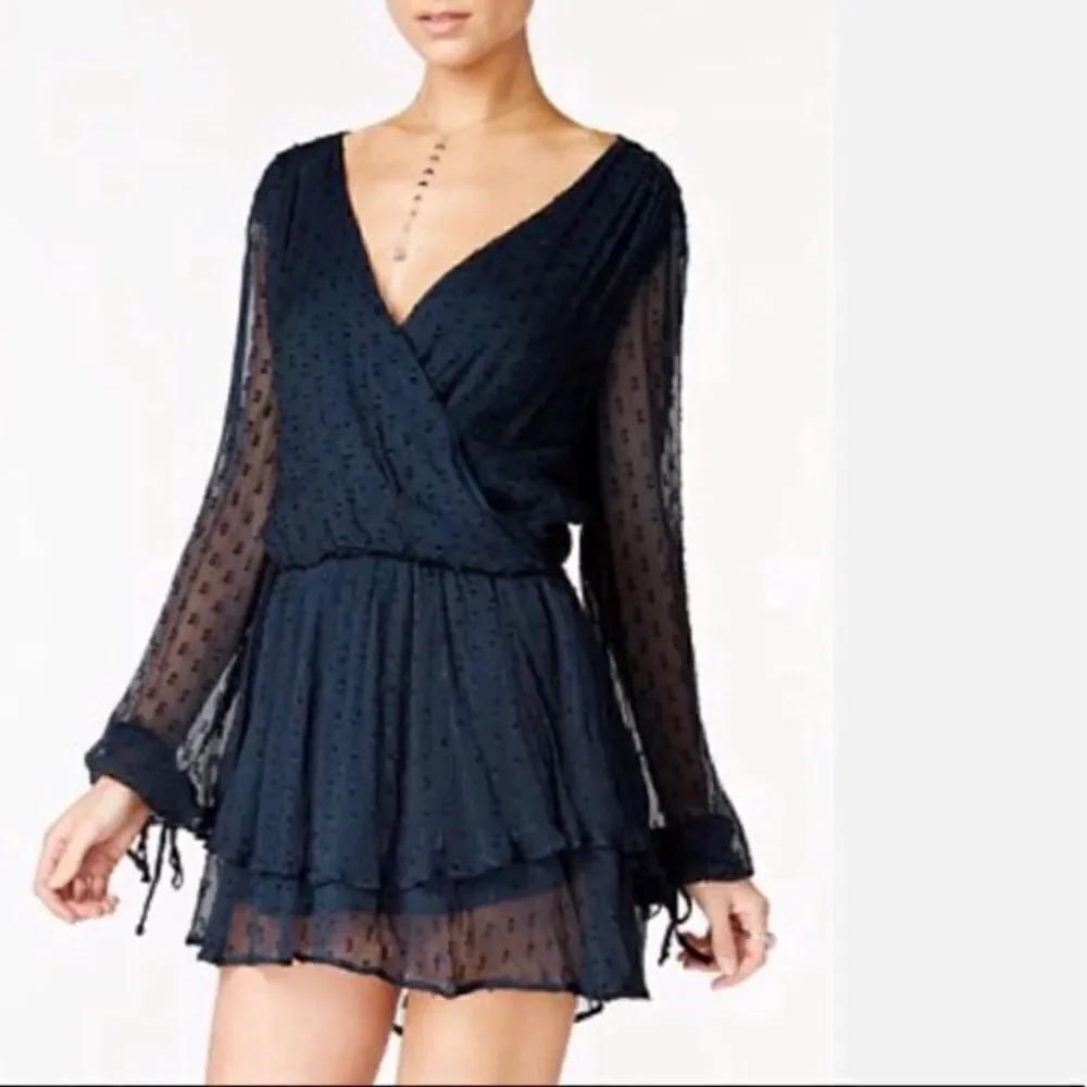 Free People Daliah Mini Blue Dress Long Sleeve Deep Blouse Size XS